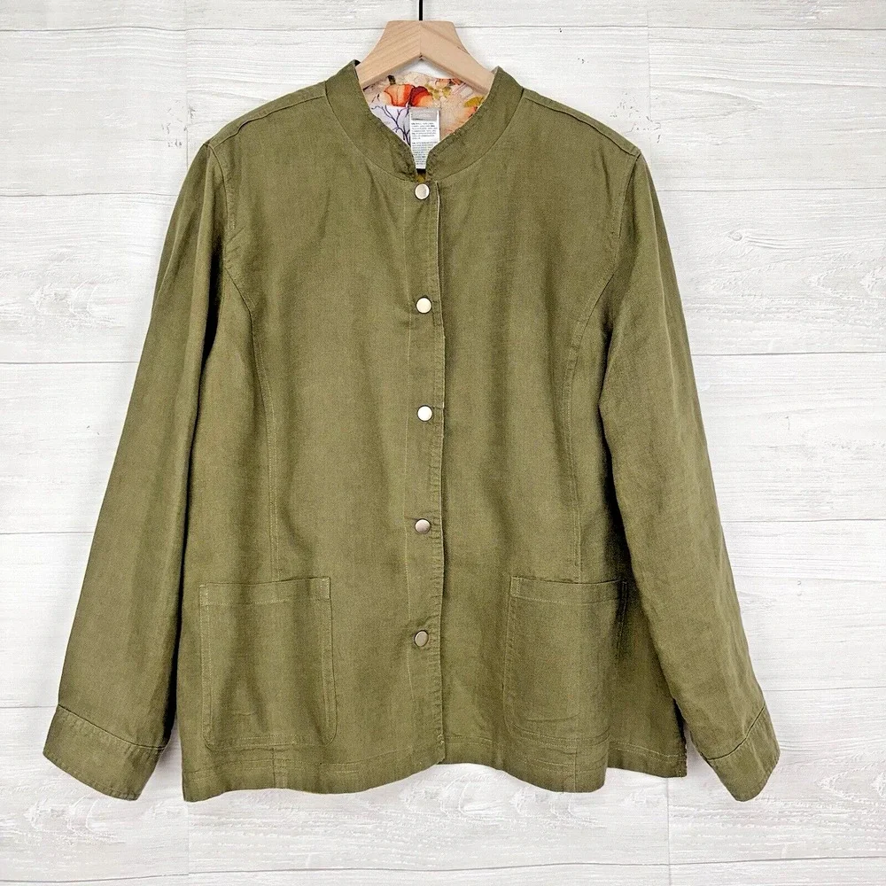 Chico's 100% Linen Jacket Plus Size 20-22‎ Reversible Floral Olive Green Pockets - Picture 3 of 16